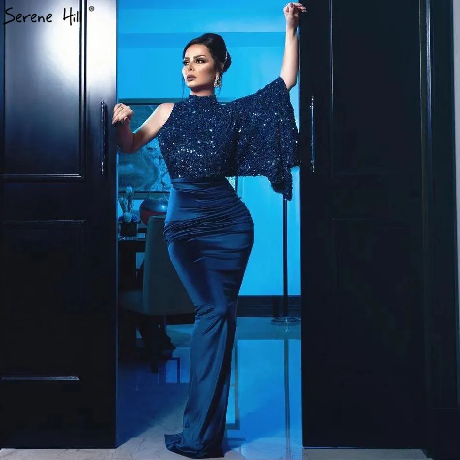 Темно Синие атласные пикантные вечерние платья с высоким воротником и юбкой годе