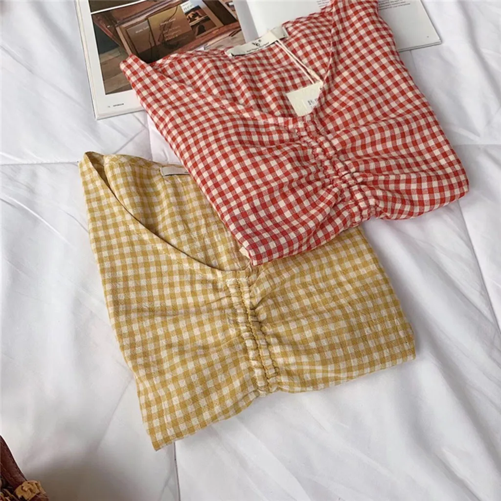 Модный сексуальный клетчатый топ на бретелях с оборками и v образным вырезом