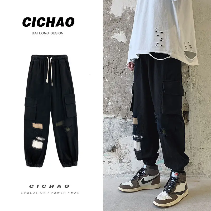 

Spring Hole Patch Cargo Pants Men's Fashion Retro Casual Pants Men Streetwear Korean Hip-hop Straight Pants Mens Trousers M-5XL