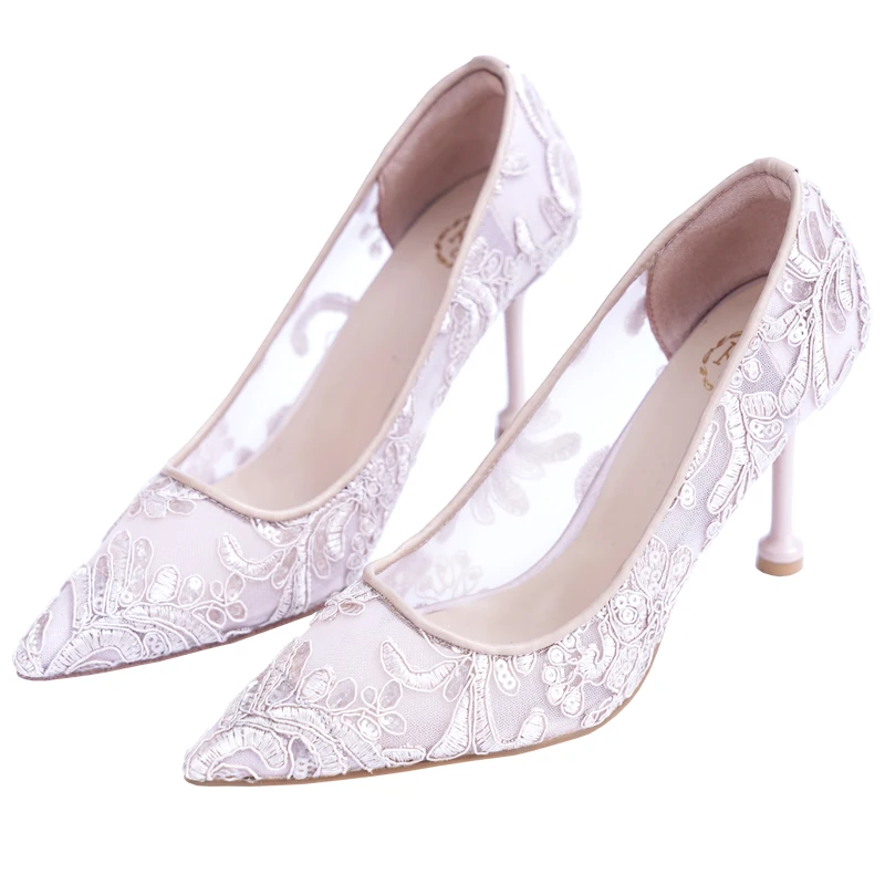 Light Cloud Embroidery High Heels Women's Wedding Shoes 2020 New Bridal Thin Heeled Lace Mesh Shoes