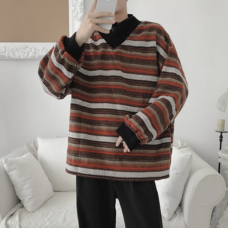 2019 Мужское пальто с принтом в темную полоску флисовый пуловер v-образным вырезом