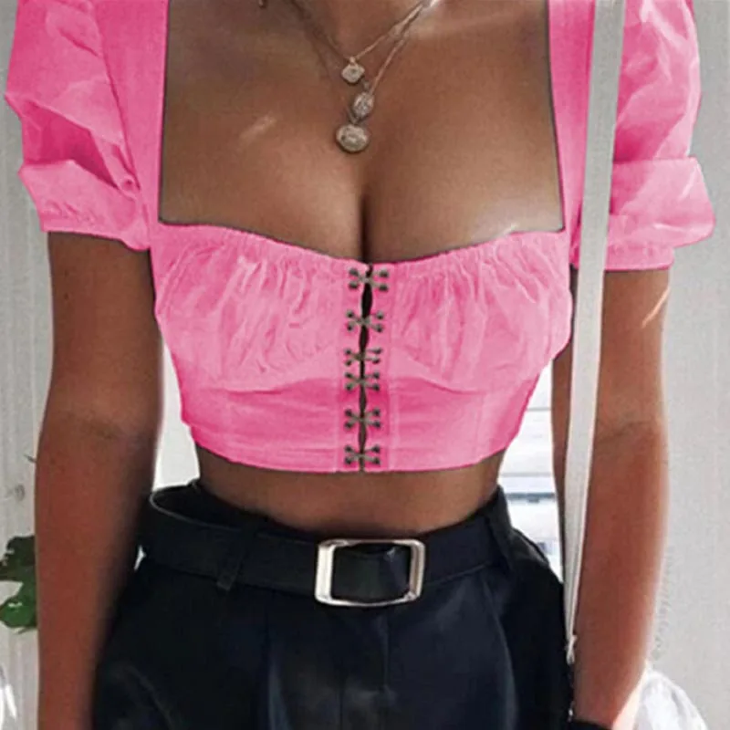 

Elegant Casual Puff Short Sleeve Blouse Shirts Women Summer Square Collar Solid Color Slim Tops Sexy Hollow Out Hook Crop Blusa