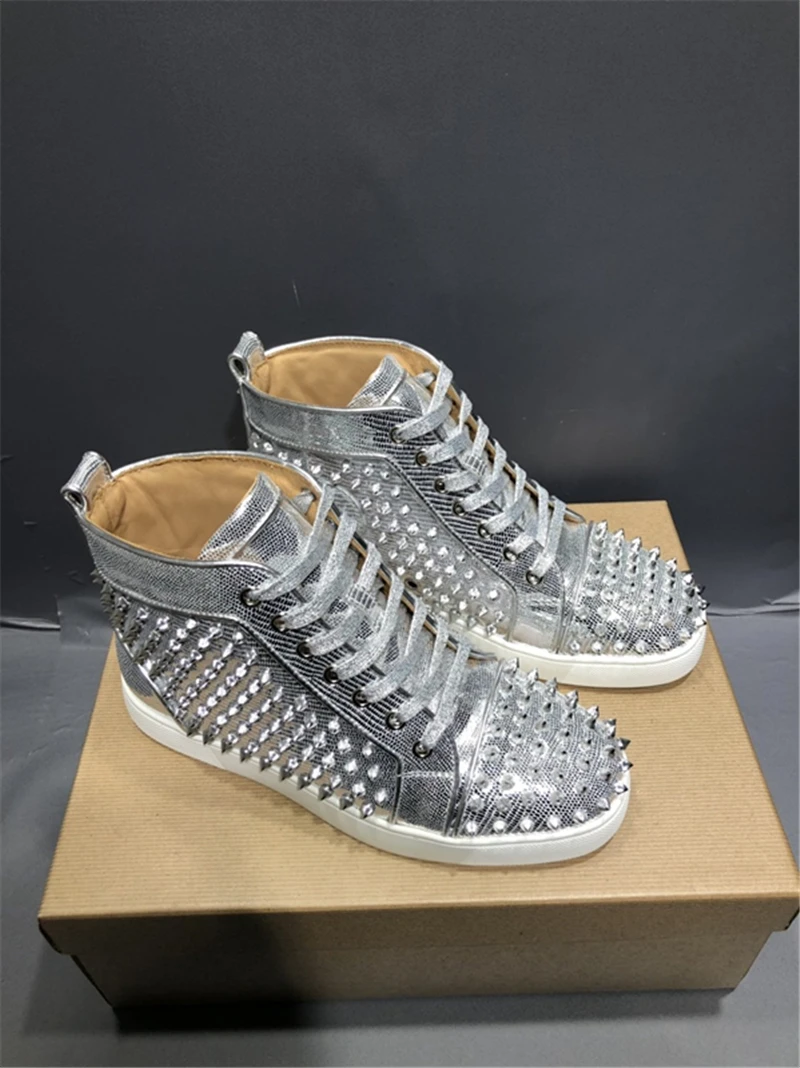 

Clear Rivets Studed Mens Sneakers Runway High Top Lace Up Casual Shoes For Men Red Bottom Genuine Leather Mens Laofers Trianers