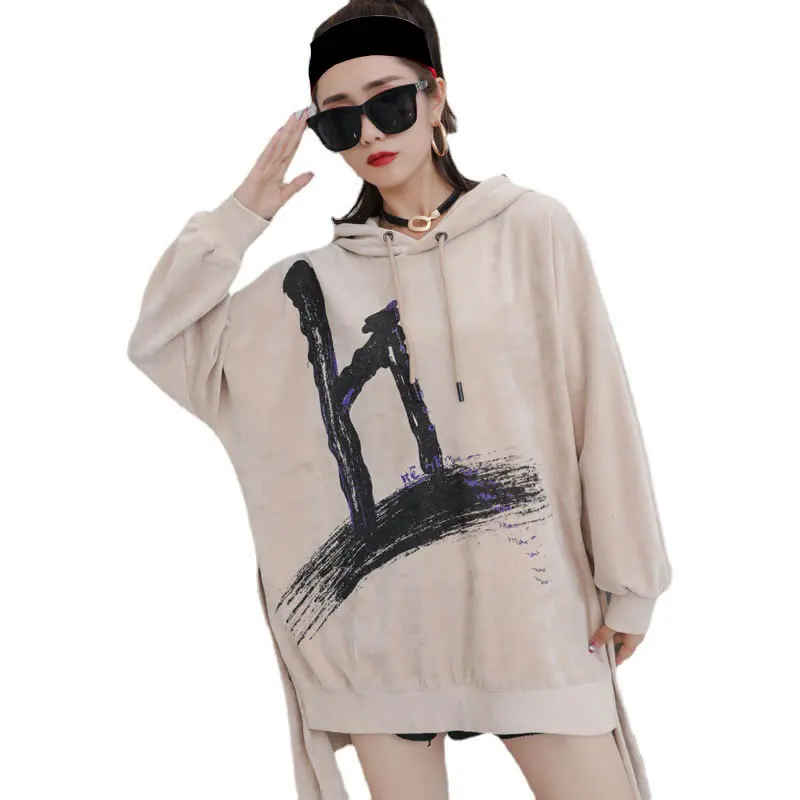 

XITAO Print Asymmetrical Sweatshirts Women Casual Drawstring Tide Fashion New Style Hooded Collar Long Sleeve Pullover WMD1556
