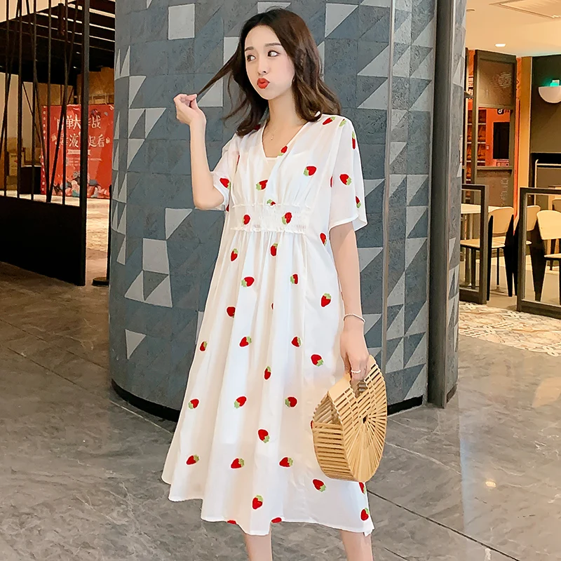 

2590# 2021 Summer Korean Fashion Maternity Long Dress Large Size Loose Clothes for Pregnant Women Sweet Pregnancy Casual Dress