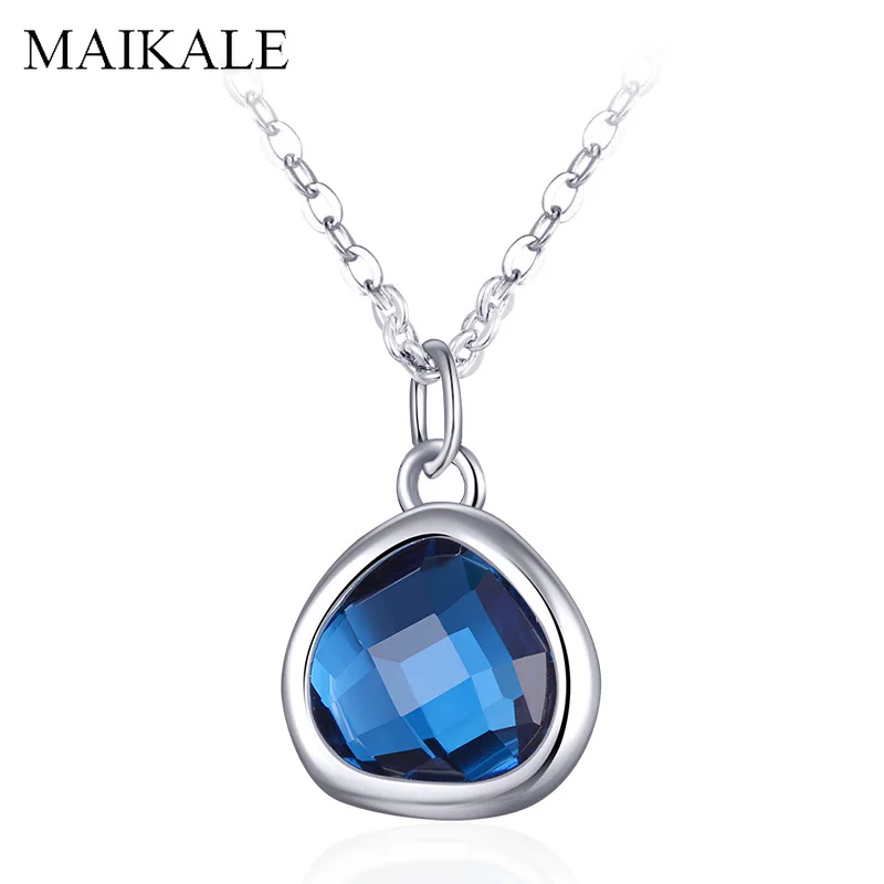 round MAIKALE 48 СМ Круглая/Треугольная Подвеска Серебряное ожерелье синие/зеленые Австрийские ожерелья с кристаллами подвески для женщин ювелирные изделия подарки для девочек - Окраска металла: round