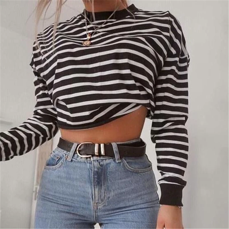 Модная футболка женский укороченный топ осенняя полосатая свободная Женский