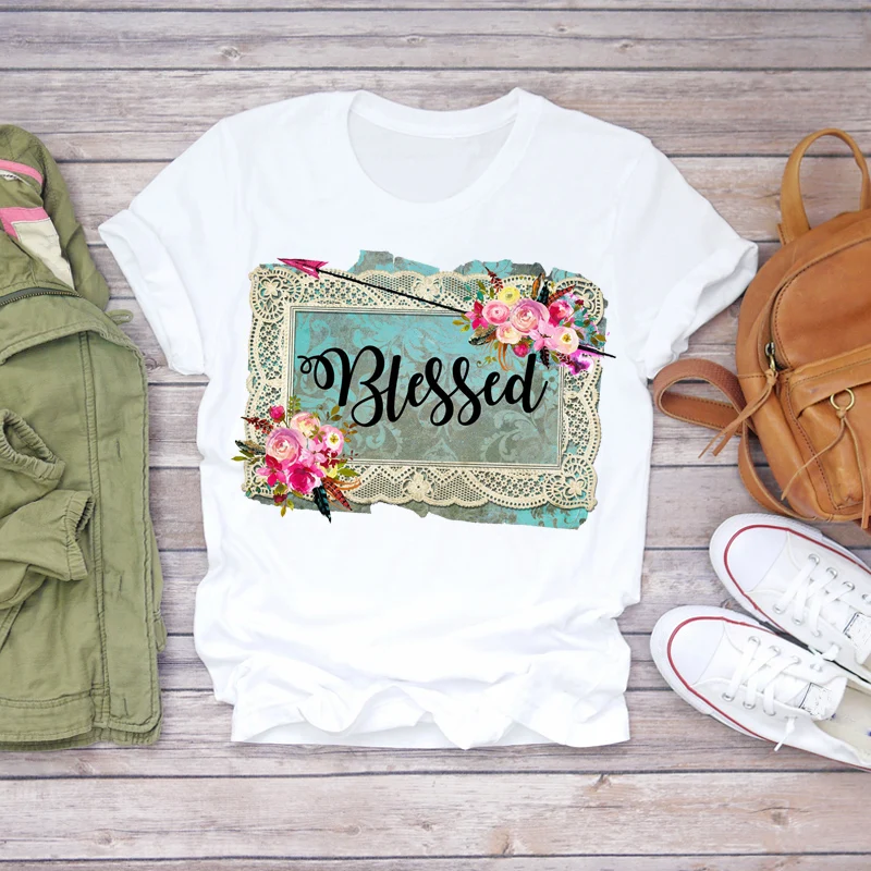 

Women 2020 Summer Blessed Flower Floral Cute Fashion Printed Lady T-shirts Top T Shirt Ladies Womens Graphic Female Tee T-Shirt