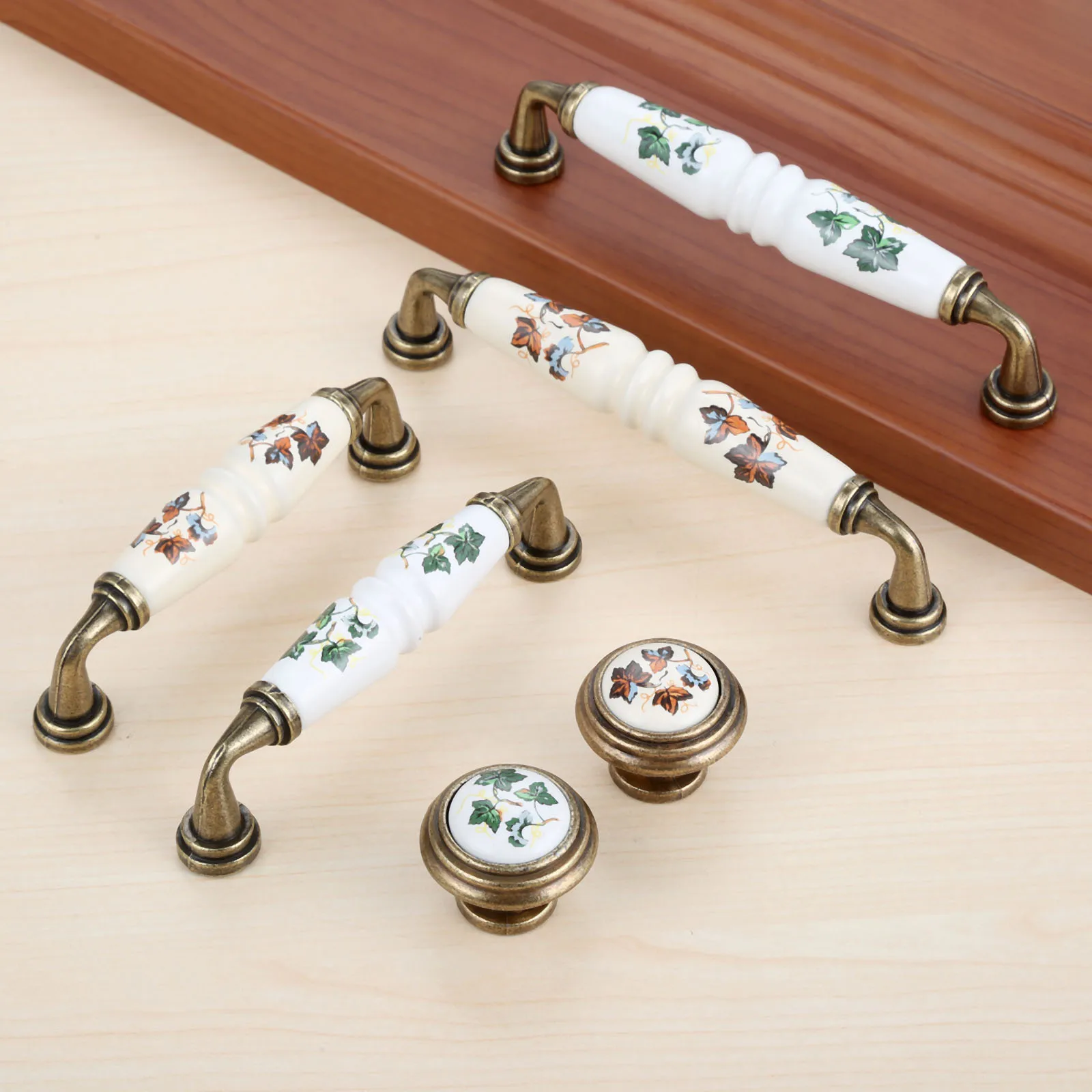 Винтажная сельская керамика дверь для ящика шкафа ручки листья Шкаф Тянет комод