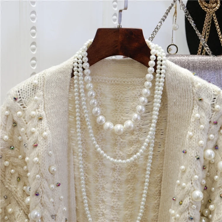 Knitwear 2019 New Women Fall Winter Heavy Pearl Beaded Thickening Knitted Cardigan Coat Girl Warm Knitting Jacket Sweater |