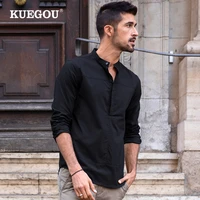 kuegou blended cotton solid color spring summer man shirt long sleeve half cardigan fashion shirts men top plus size bc 20521