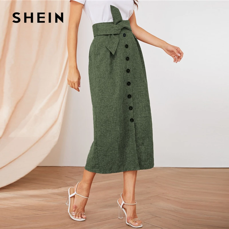 SHEIN пуговица Передняя плиссированная деталь поясом юбки женские лето осень высокая талия Прямые Твердые офисные женские элегантные длинные юбки