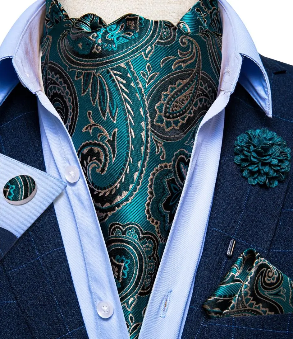 

Men's Vintage Silk Ascot Cravat Tie Brooch Handkerchief Cufflinks Set Formal Wedding Party Teal Blue Paisley Necktie DiBanGu