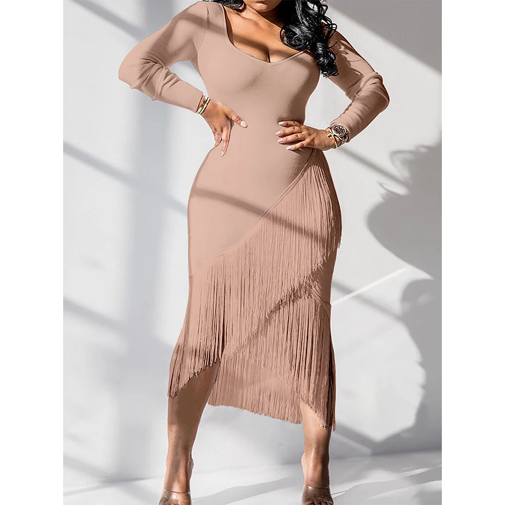 

Sexy Swing Tassles Midi Dress Women Long Sleeve Bodycon Pencil Dress Autumn New Lady Solid Color V-Neck Skinny Dresses