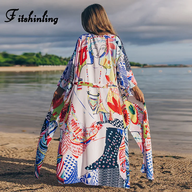 

Fitshinling Abstract Print Beach Kimono Long Cardigan Side Slit Holiday Bikini Cover-Up Swimwear With Sashes Summer Sexy Outing