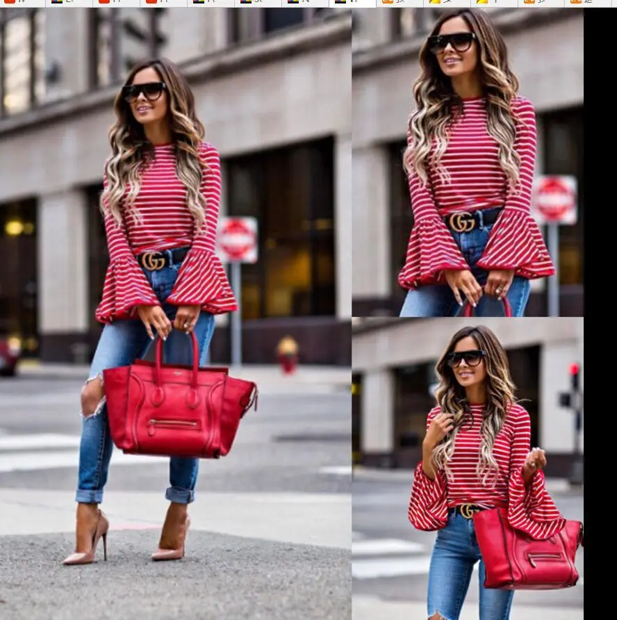 

2020 Autumn and Winter Hot Selling Fashionable Stripe Women Long Sleeve Bell Sleeve T-shirt Striped Shirt Women
