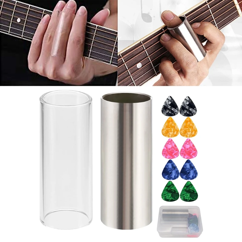 

2 Pieces Medium Guitar Slides, Include 1 Colors Stainless Steel, 1 Pcs Glass, 10 Pcs Guitar Picks and 1 Pc Plastic Box