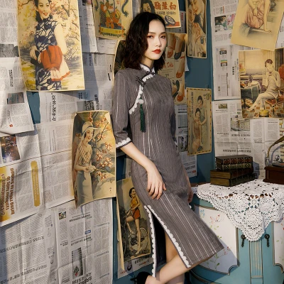 Sheng Coco Платья До Колена Qipao осенние Чонсам Qi Pao Женские китайские ретро семь с длинными рукавами таможенное платье Qipao - Цвет: gray short qipao