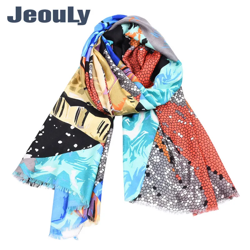 

Женская атласная шаль с геометрическим принтом, осенне-зимняя шаль с бахромой в европейском и американском стиле, 2019