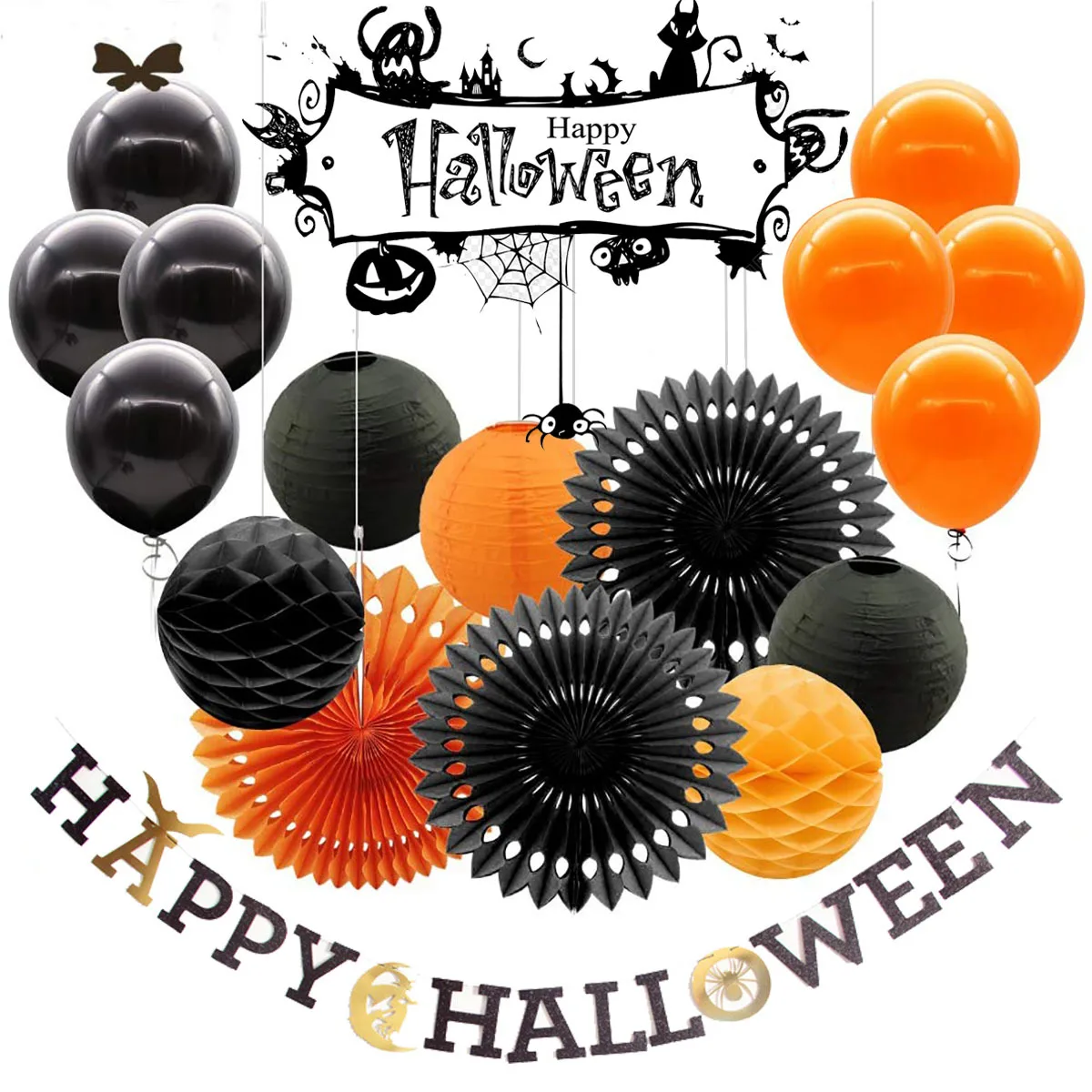 

Halloween Party Decoration Set Halloween Latex Balloon Paper Pom Poms Halloween Party Supplies