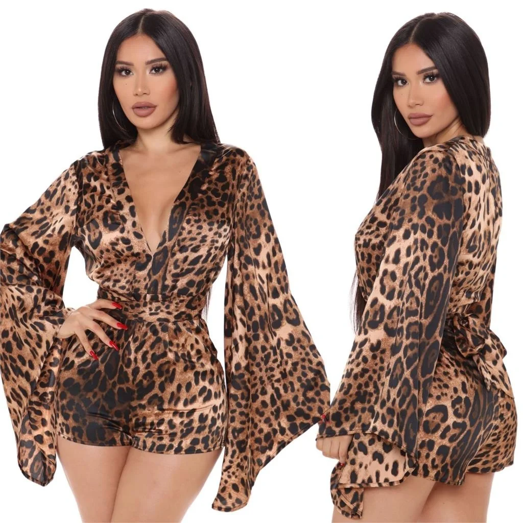 

Cutubly Leopard Print Jumpsuit Short Jumpsuit Long Sleeve One Piece Tight V Neck Fashion Romper And Playsuit For Women