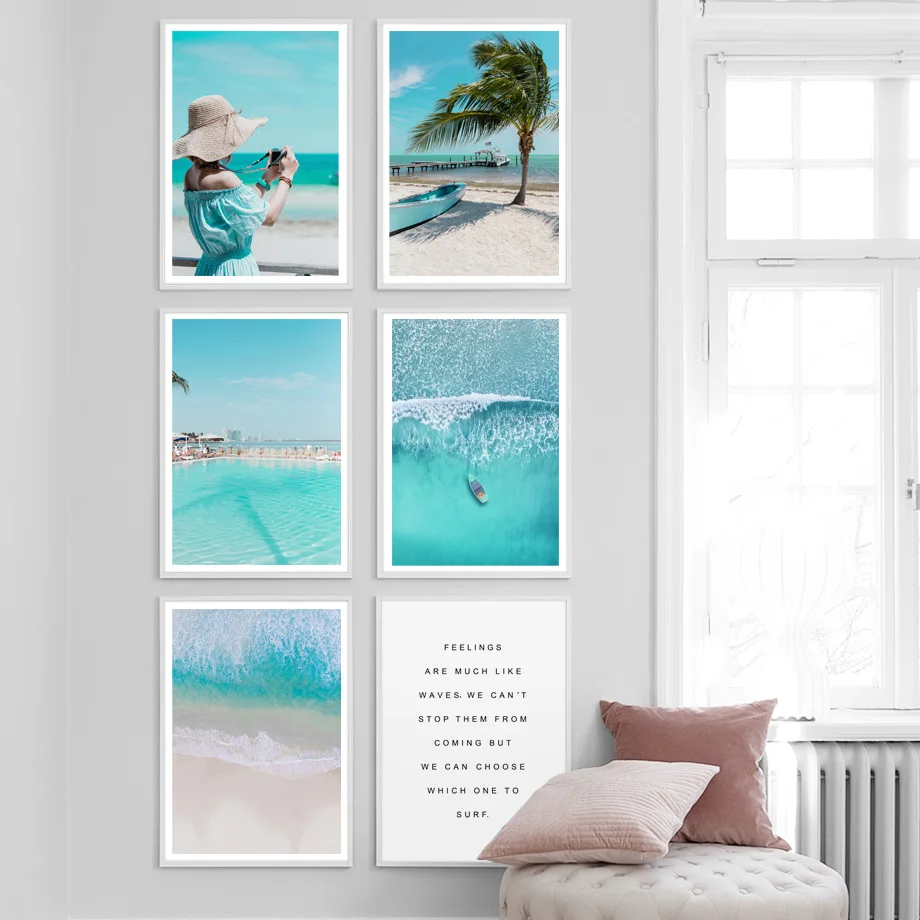 

Nordic Seacape Wall Art Canvas Painting Beach Blue Ocean Boat Travel Posters And Prints Wall Pictures For Living Room Decor