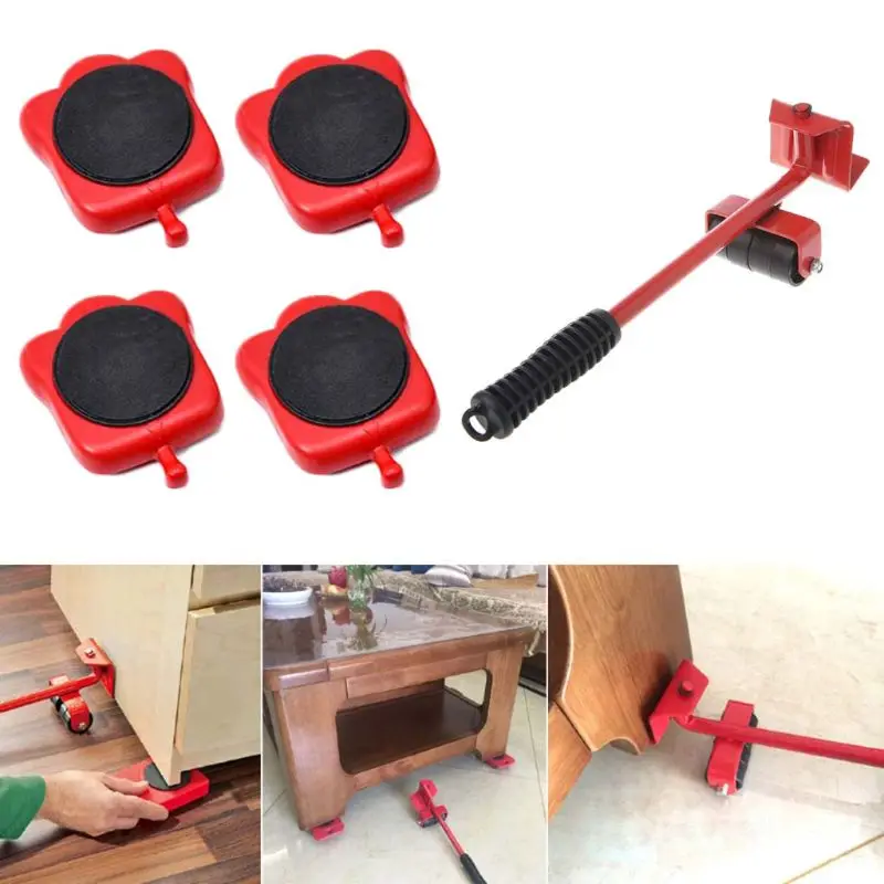 

Furniture Mover Tool Transport Lifter Heavy Stuffs Moving 4 Wheeled Roller with 1 Wheel Bar Set