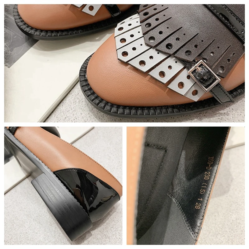 

SIMLOVEYO Female Spring Autumn Novelty Flats Round Toe Square Heels Genuine Leather Slip on Buckle Big size 33-40 Date B1936