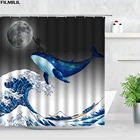 Забавная занавеска для душа с изображением черного кота, синего Кита, крепление s Moon Sea Wave Fuji, креативный художественный тканевый Декор для ванной комнаты, занавеска для ванной с крючками