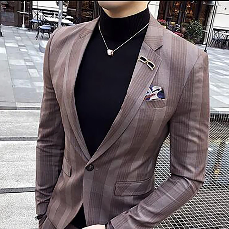 Only Blazer Coffee Решетчатые мужские вечерние костюмы мужская сценическая одежда мужские s облегающие костюмы для выпускного вечера обтягивающие 2 шт мужской костюм, пиджак Trajes Azul Hombre Smoking Uomo - Цвет: Only Blazer Coffee