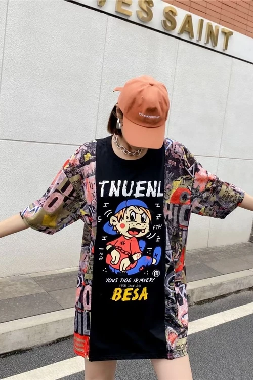 

Women's short-sleeved T-shirt Europe station hip-hop tide brand stitching printing short-sleeved T-shirt loose graffiti T-shirt