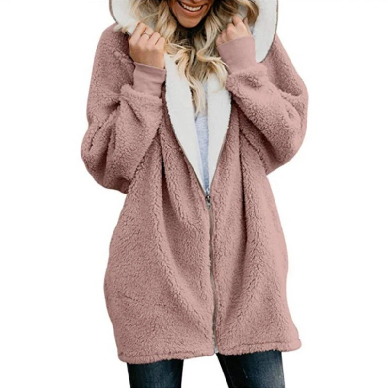 

Women Winter Plus Size Long Sleeve Hoodie Jacket Thicken Fuzzy Plush Full Zip Up Outerwear Loose Solid Color Warm Coat with Pock