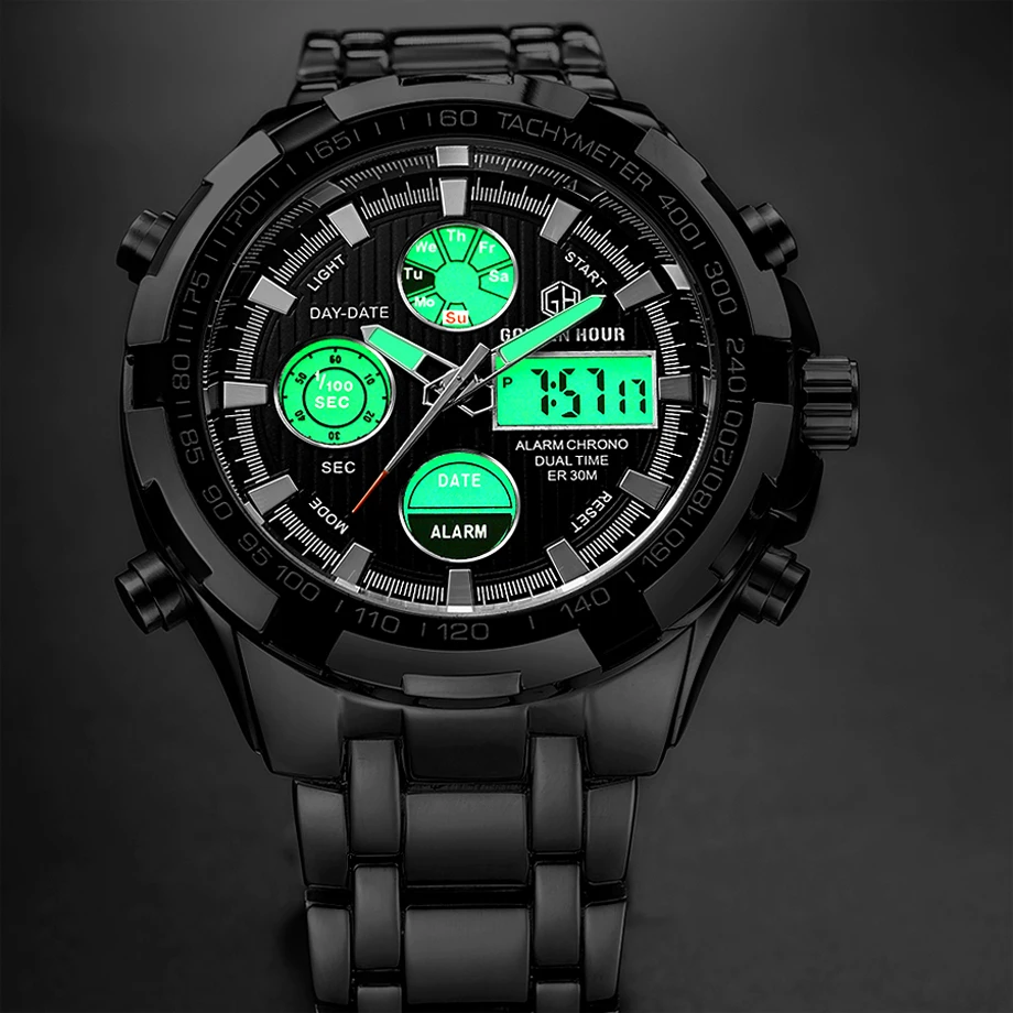 Reloj Hombre GOLDENHOUR черные кварцевые мужские часы zegarek meski цифровые наручные военные