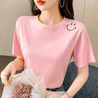 fashion new smiley embroidery tops women casual short sleeve tees 2021summer solid color woman t shirt tops women clothes
