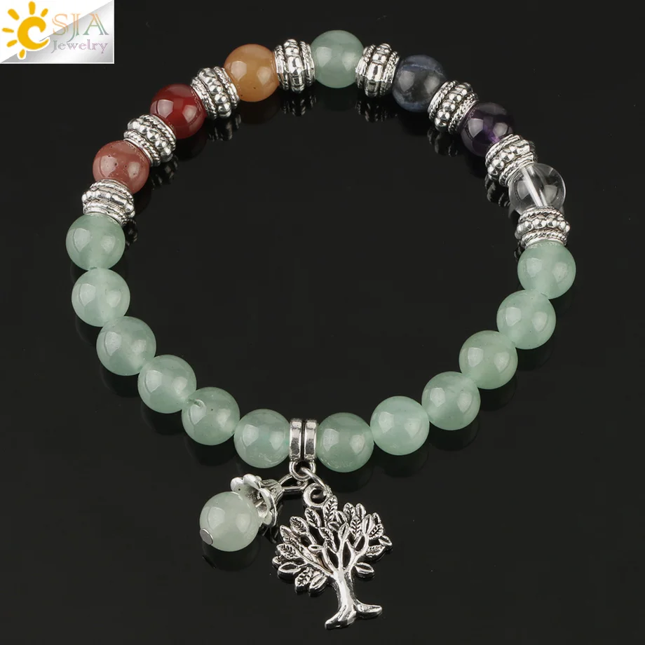 Green Aventurine Csja рейки натуральный камень 7 Чакра Дерево жизни браслет смешанные цвета бисера Баланс йога браслет для женщин мужчин целебные ювелирные изделия G166 - Окраска металла: Green Aventurine