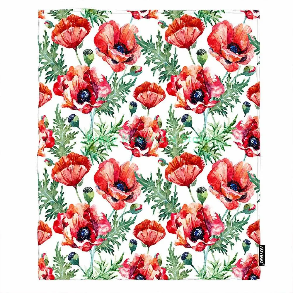 

Flower Throw Blanket Watercolor Red Floral Green Leaves Summer Color Blanket King Size Flannel Blanket 60x80 Inch for Sofa Bed