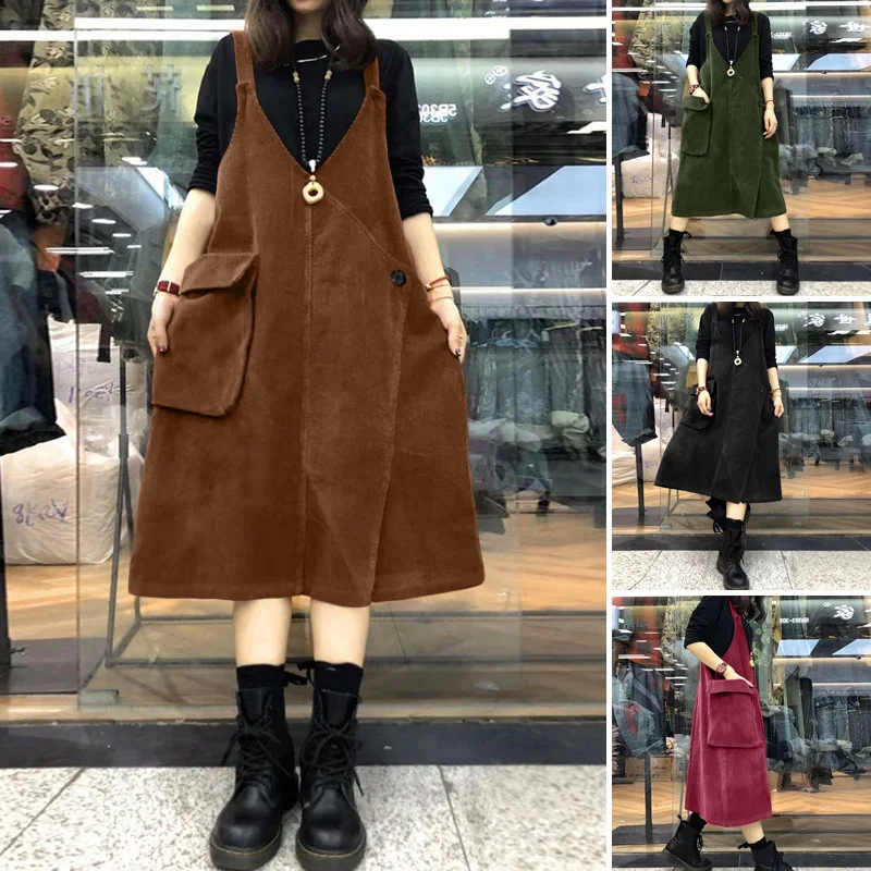 

Kaftan Corduroy Overalls Dress Women's Suspender Sundress ZANZEA Casual V Neck Midi Vestidos Female Sleeveless Robe