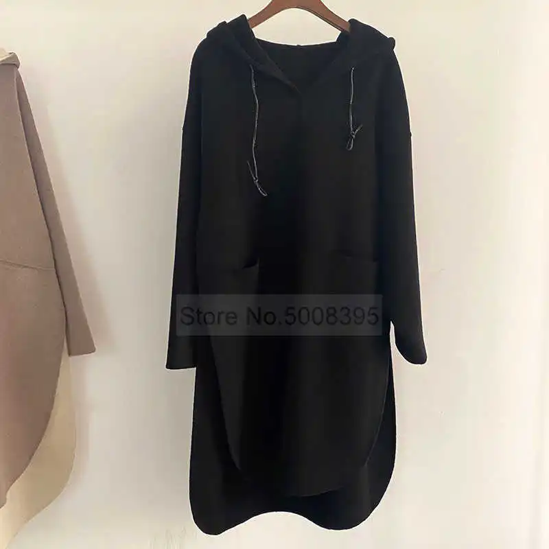 

Woman 2021 NEW Wool Cashmere pullover coat black drawstring hooded Oversized sweatshirt Long Sleeves