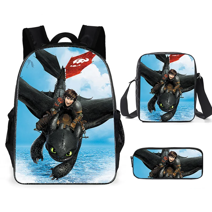 

New Fashion 16Inch/3Pcs Cute Dragon Printing Backpacks Pencil Bag Portfolio School Bags Boys Girls Bookbag Satchel