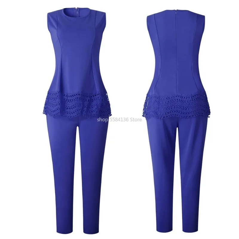 Новинка 2020 Женский однотонный кружевной топ без рукавов и длинные брюки