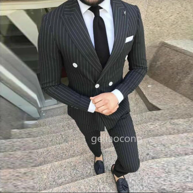 New Mens Suits Jacket with Pants Black/Gray Stripe Men's Blazer Slim Fit Wedding Male Groom Tuxedos suit Prom  costume homme