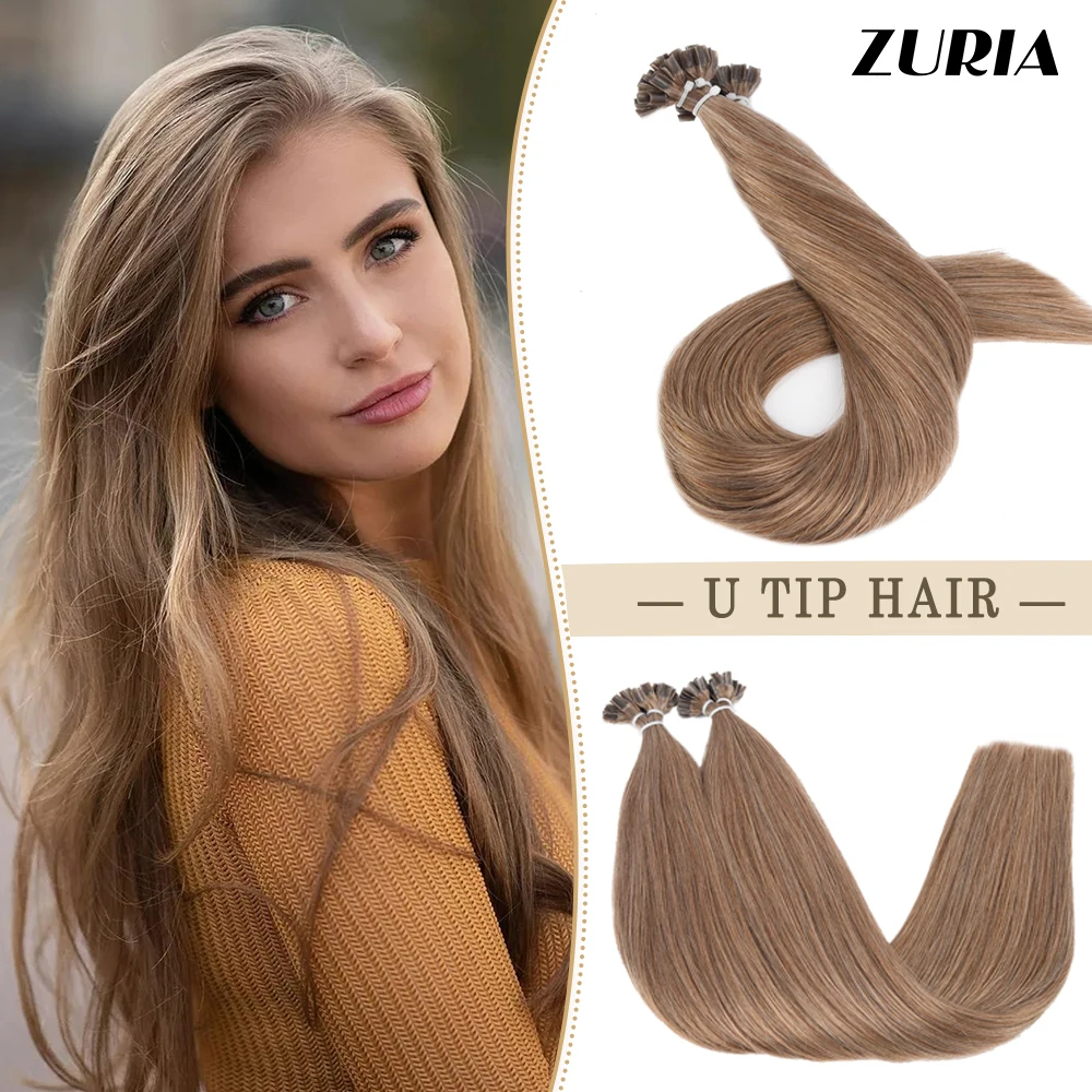 

ZURIA U Nail Tip Machine Remy Keratin Human Hair Extensions Pre Bonded Fusion Hair Capsule 12-28inch 50g Straight Natural Wigs
