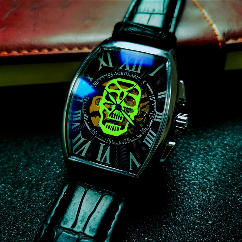 

Aokulasic Mens Watches New Luxury Brand Fashion Skull Head Hollow Mechanical Automatic Watch Men Sport relojes para hombre