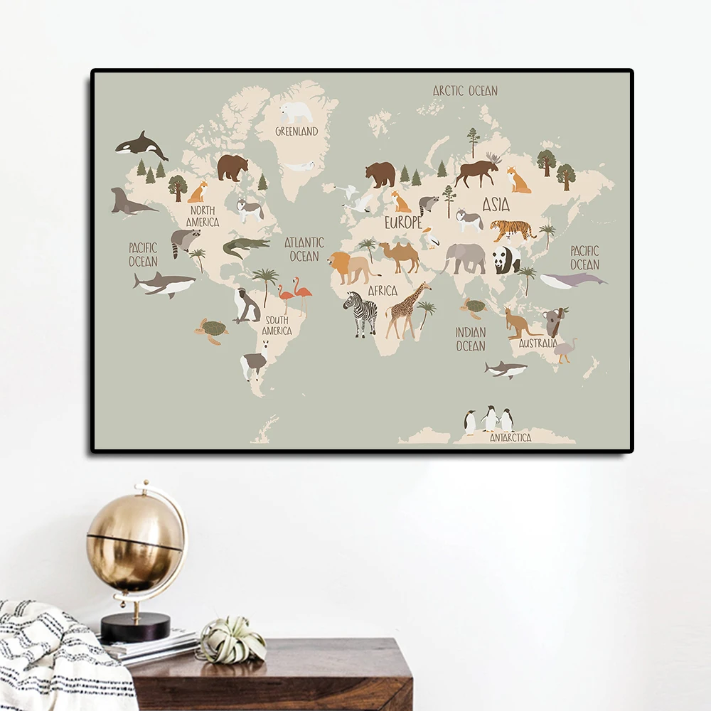 

Картина с мультяшными животными, Карта мира, холст, постеры и принты, квадратные картины, Настенная картина для детской комнаты, украшение д...