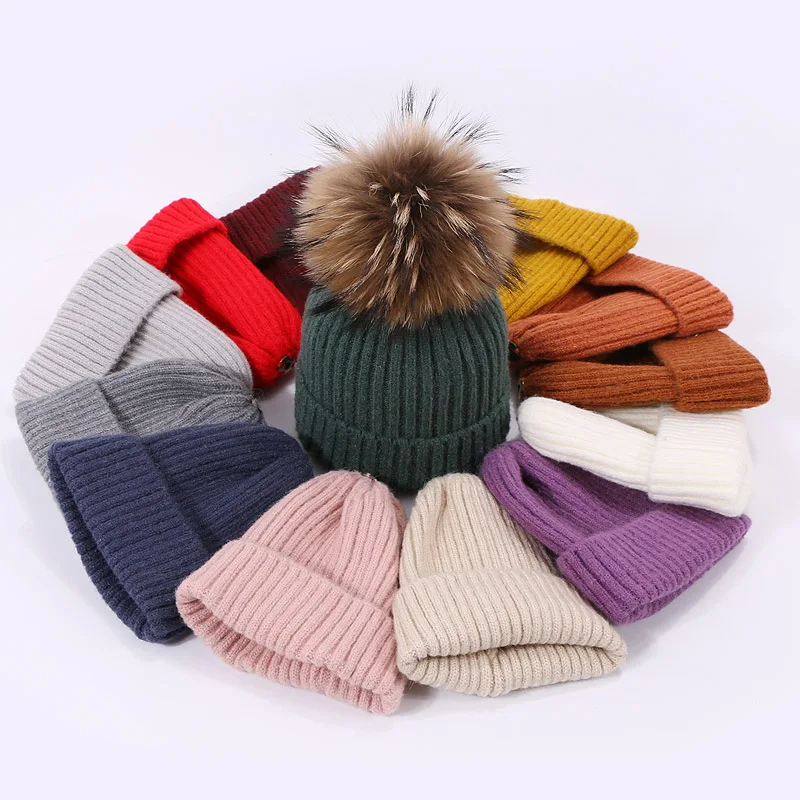 

Beanies Cap Children Baby PomPon hat Autumn Winter Warm For Women Girl 's Cap Knitted Thick Skullies Natural Fur High Quality