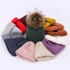 Детская шапка-бини с помпоном, осенне-зимняя теплая шапка для женщин и девочек, вязаные плотные шапки из натурального меха