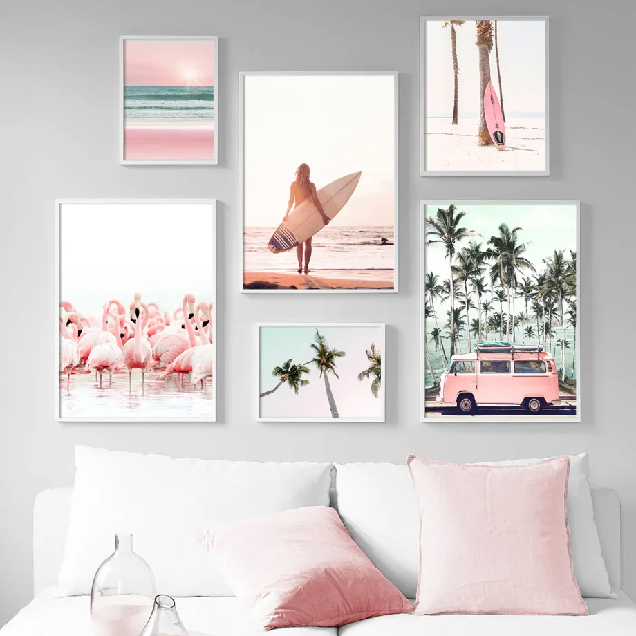 

Nordic Poster Pink Beach Flamingo Palm Tree Surfboard Wall Art Canvas Interior Painting Prints Picture Teen Girl Room Home Decor