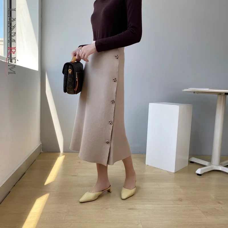 

LANMREM 2021 Autumn Winter H-type Side Button Mid-calf Length All-match Fashion Patchwork Skirt For Women Fashion Tide 2A2447