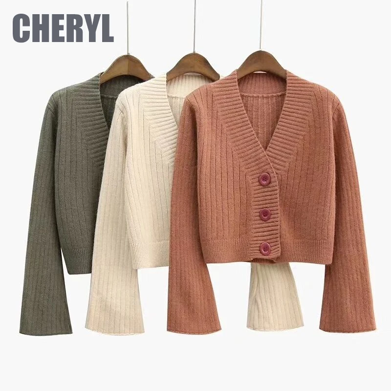 

2021 Cardigan Autumn Long Flare Sleeve Short Sweater Women Ribbed Knitted Cotton Tops Black White Ladies Soft Outwear Female