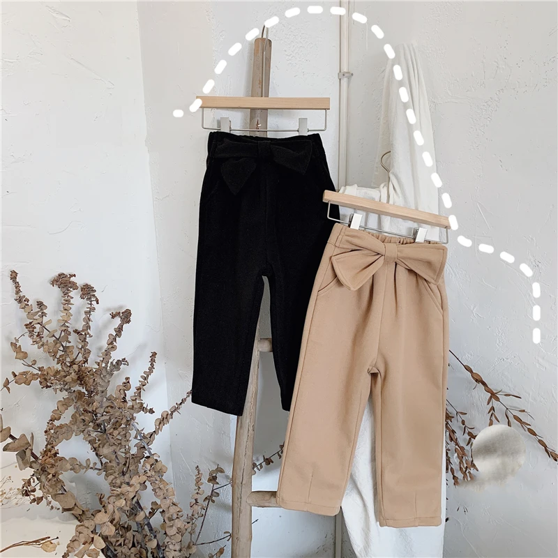 

Winter clothes new style western-style bowknot plus velvet pants for girls